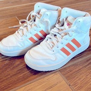 Adidas sneakers. Youth size 2. White and orange.